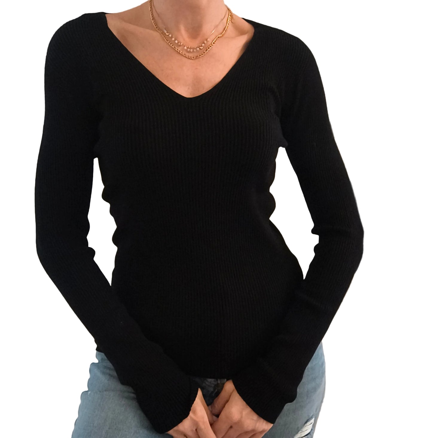 Maglia costine scollo V Londra, rosso/nero