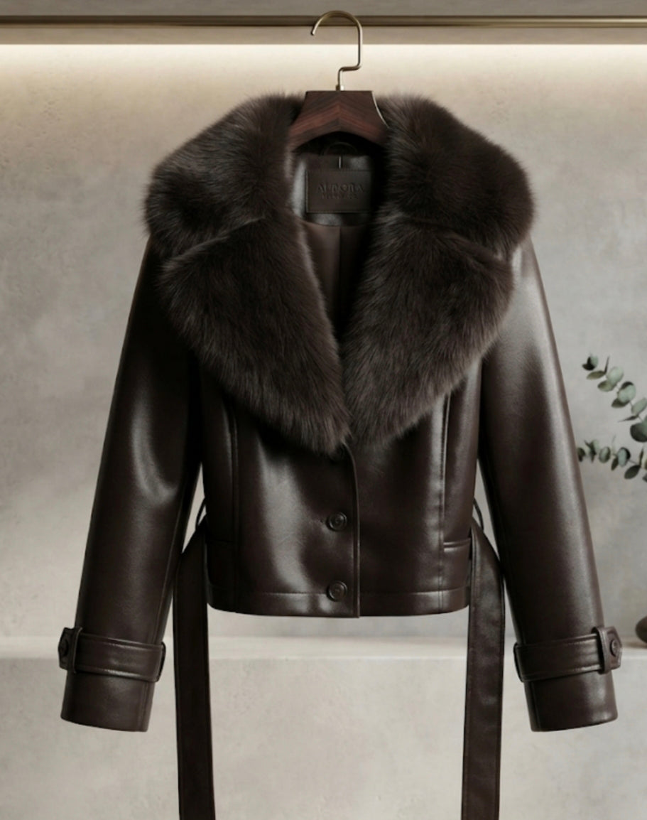 Giacca aviator cropped in faux leather con collo eco-fur rimovimile