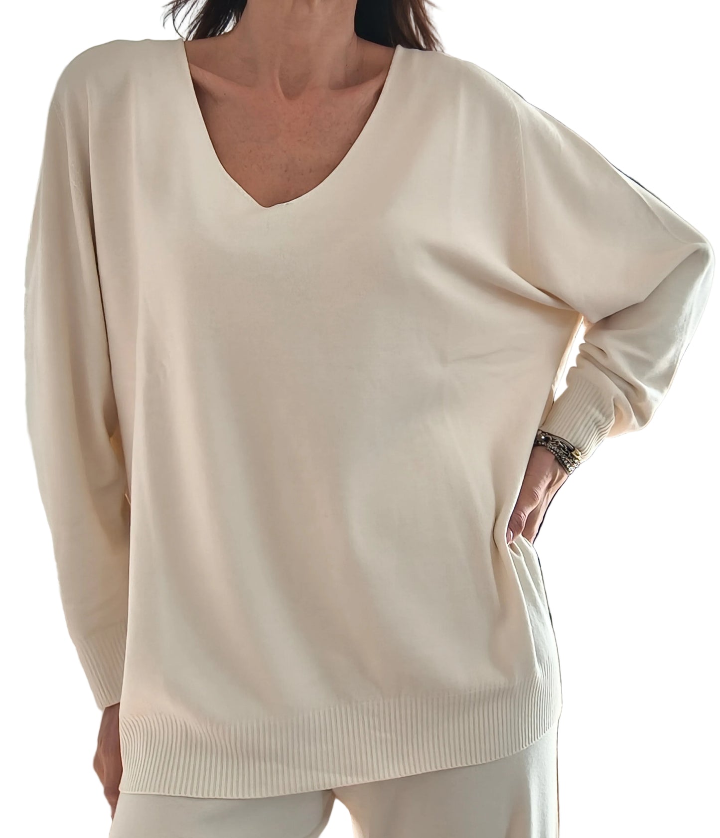 Maglia scollo V Siviglia, latte/grigio