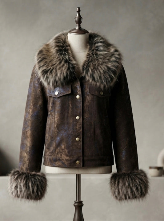 Giacca Trucker Cropped Effetto Pitone con Collo e Polsini in Eco-Fur