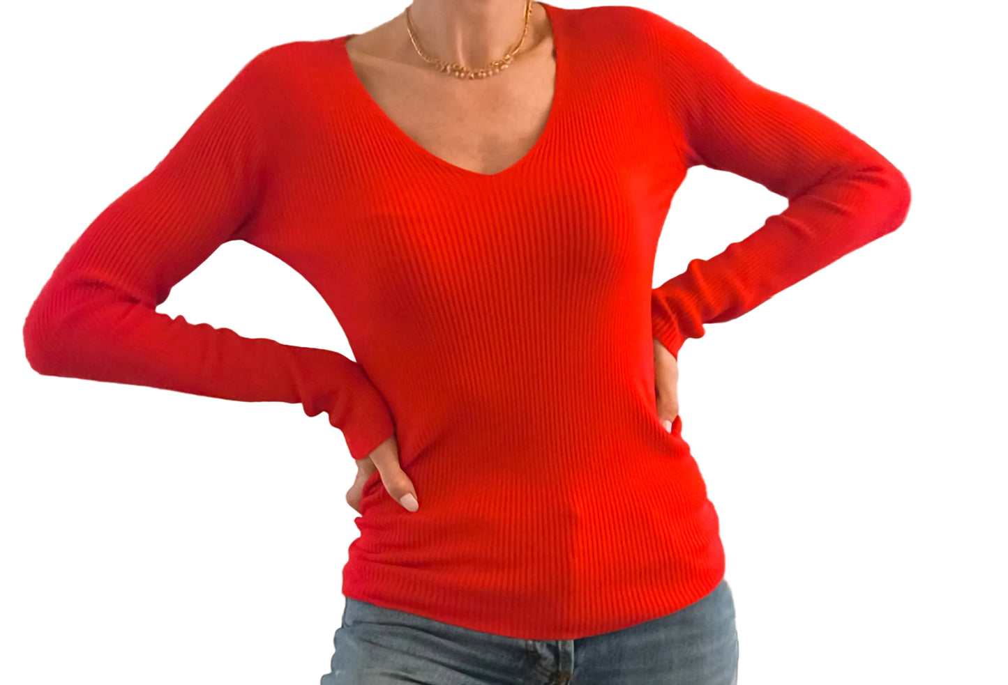 Maglia costine scollo V Londra, rosso/nero