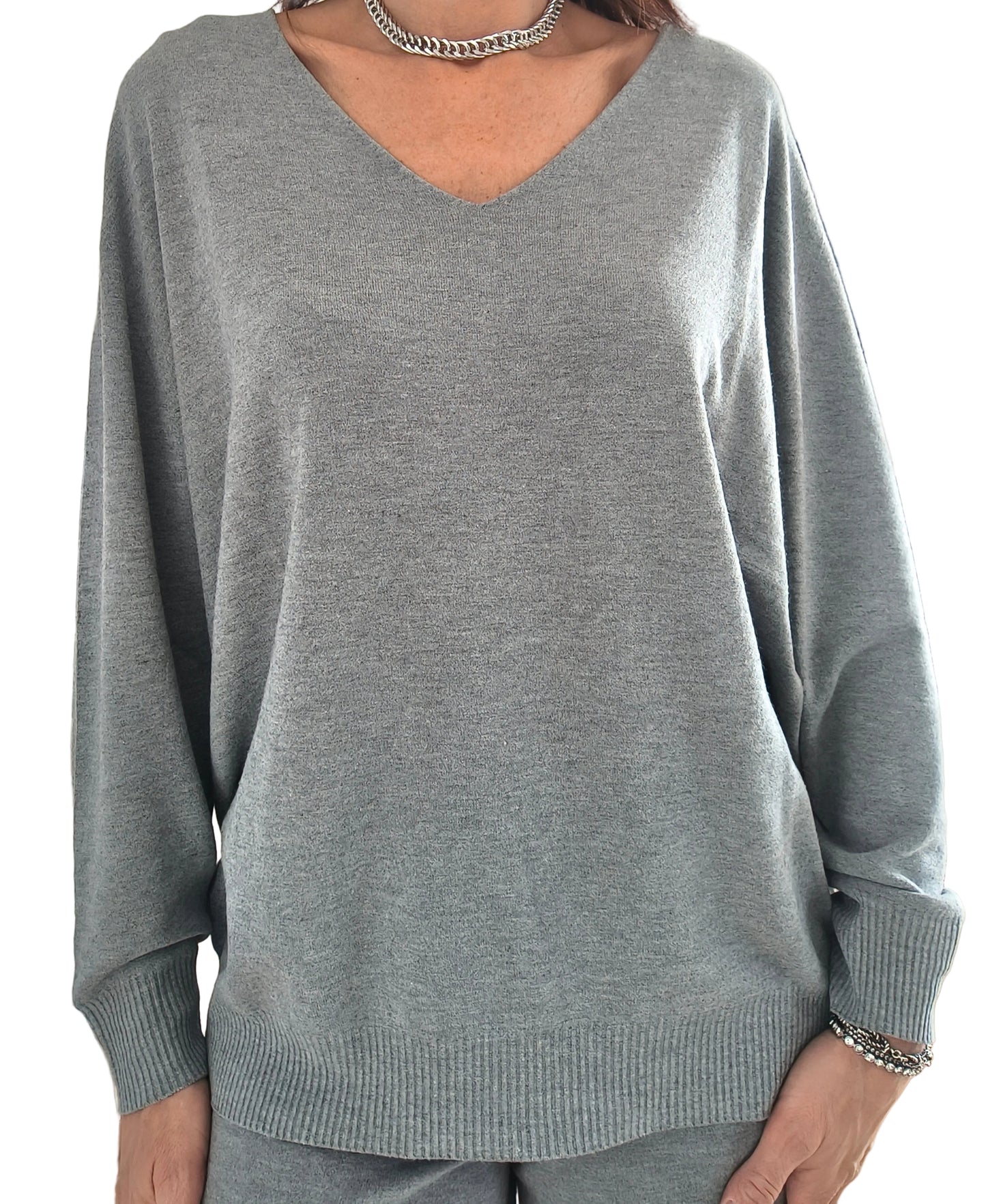 Maglia scollo V Siviglia, latte/grigio