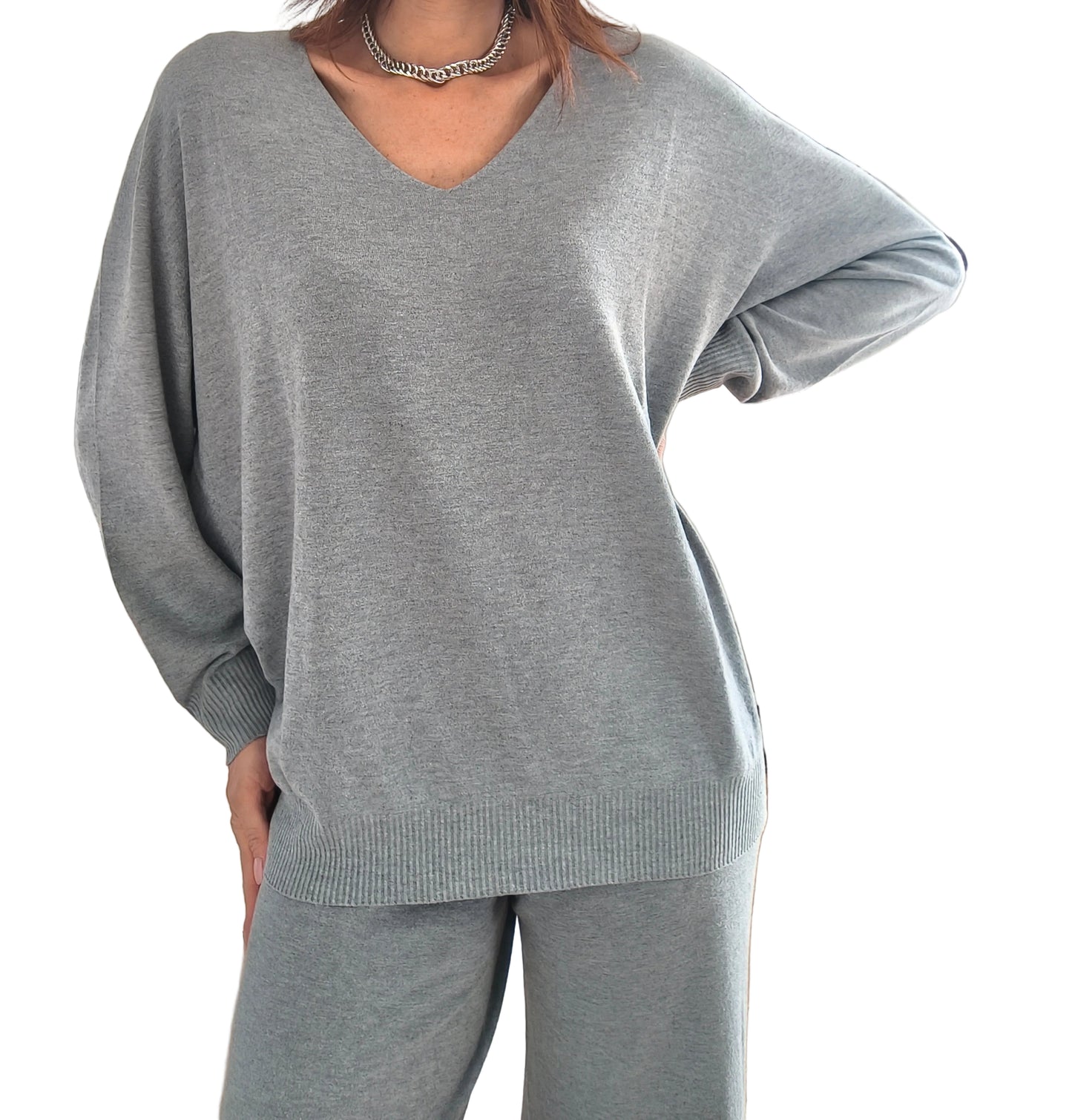 Maglia scollo V Siviglia, latte/grigio