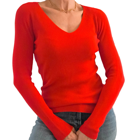 Maglia costine scollo V Londra, rosso/nero